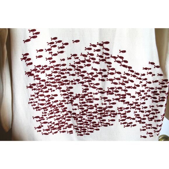 Vision Apparel Vintage Ivory Silk Blend Sweater w/ Beaded Fish sz 16 - Picture 2 of 4